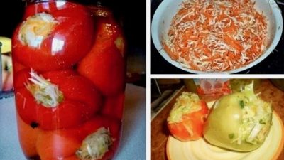 Zavařené červené papriky plněné zelným salátem s mrkví