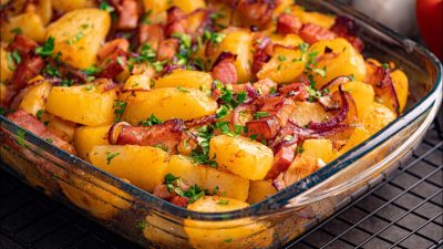 Zapečené brambory s cibulí a slaninou