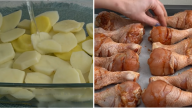 Marinované kuřecí paličky se zapečeným bramborem, žampiony a sýrem