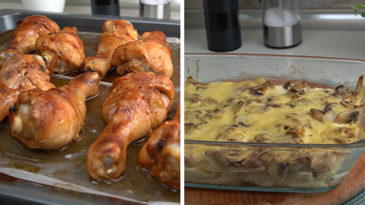 Marinované kuřecí paličky se zapečeným bramborem, žampiony a sýrem