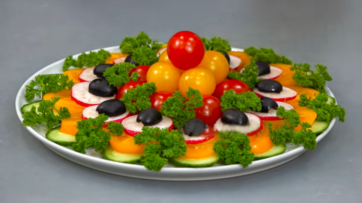 Perfektní zeleninová dekorace svátečního stolu z okurek a rajčat