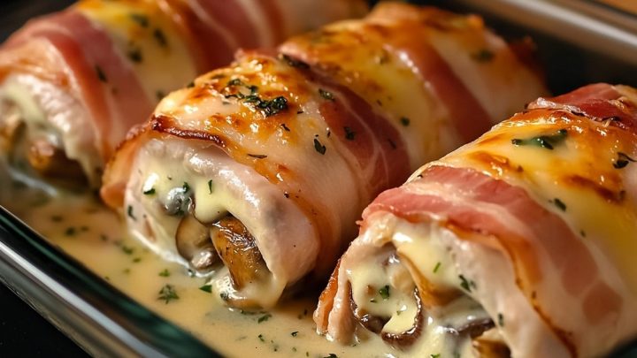 Kuřecí rolky ve slanině s houbovou náplní