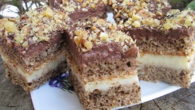 Vláčný ořechový řez se 2 druhy náplní