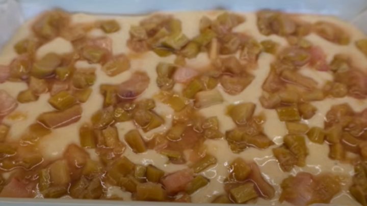 Hrnkový rebarborový koláč s drobenkou