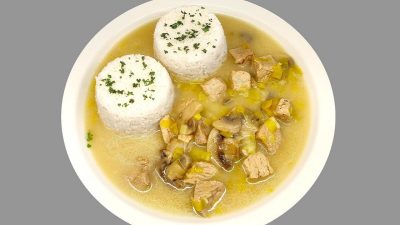 Vepřové na žampionech a pórku s rýží