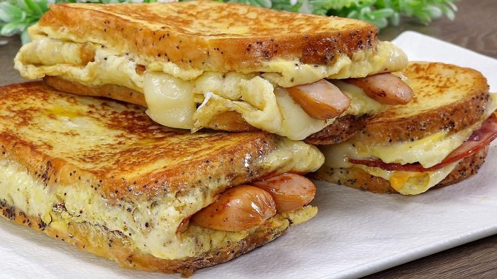 Chleba ve vajíčku s párkem a sýrem Chleba ve vajíčku s párkem a sýrem