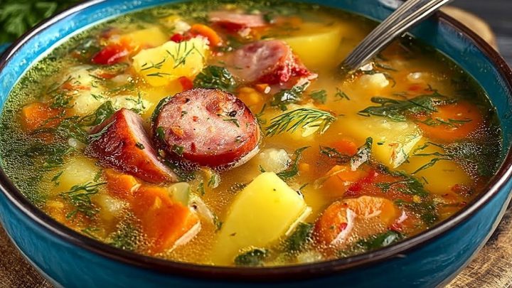 Hrachová polévka se zeleninou a klobásou