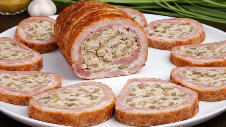Vepřová roláda s kuřecí fáší a houbami
