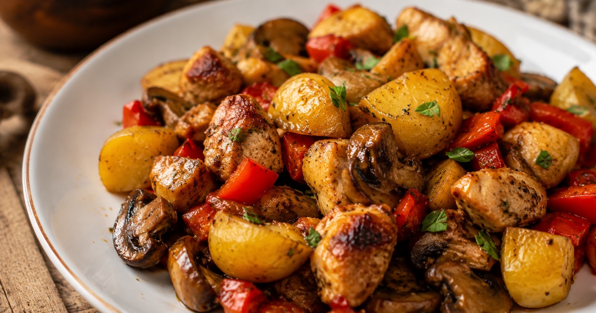 Farmářská kuřecí pánev s bramborami a žampiony