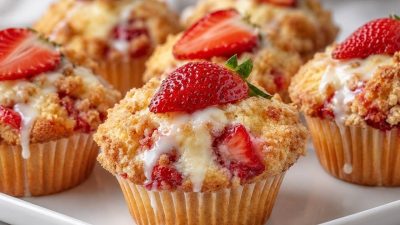 Rychlé jahodové muffiny s drobenkou