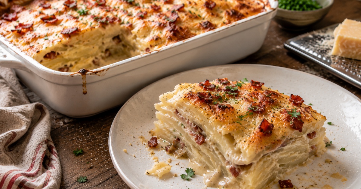Bramborový gratin se slaninou a parmazánem