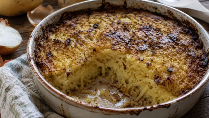 Židovský bramborový kugel s cibulí Židovský bramborový kugel s cibulí