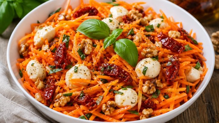 Mrkvový salát s mozzarellou a sušenými rajčaty Mrkvový salát s mozzarellou a sušenými rajčaty
