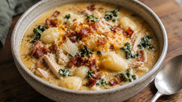 Vydatná kuřecí polévka s gnocchi a čedarem Vydatná kuřecí polévka s gnocchi a čedarem