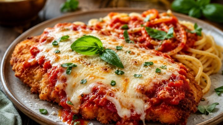 Šťavnatá kuřecí Parmigiana s mozzarellou Šťavnatá kuřecí Parmigiana s mozzarellou