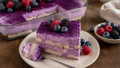 Ube tiramisu s mascarpone a lesním ovocem