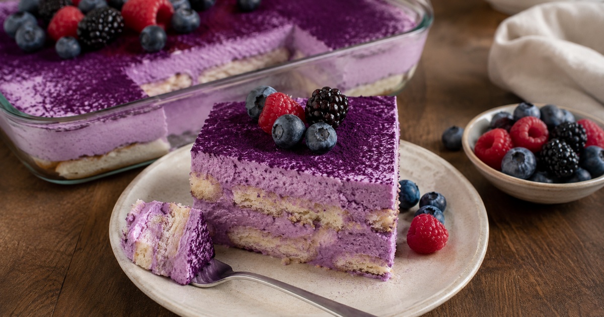 Ube tiramisu s mascarpone a lesním ovocem
