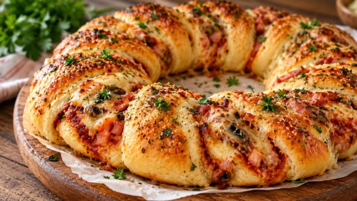 Kynutý pizza věnec se šunkou a sýrem Kynutý pizza věnec se šunkou a sýrem